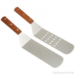 Great Credentials new Long Grill Stainless Steel Spatula Turner 1 Perforated Face & 1 Solid Face Spatula great for BBQ with wooden handle Set of 2 - B06XXXTD7B